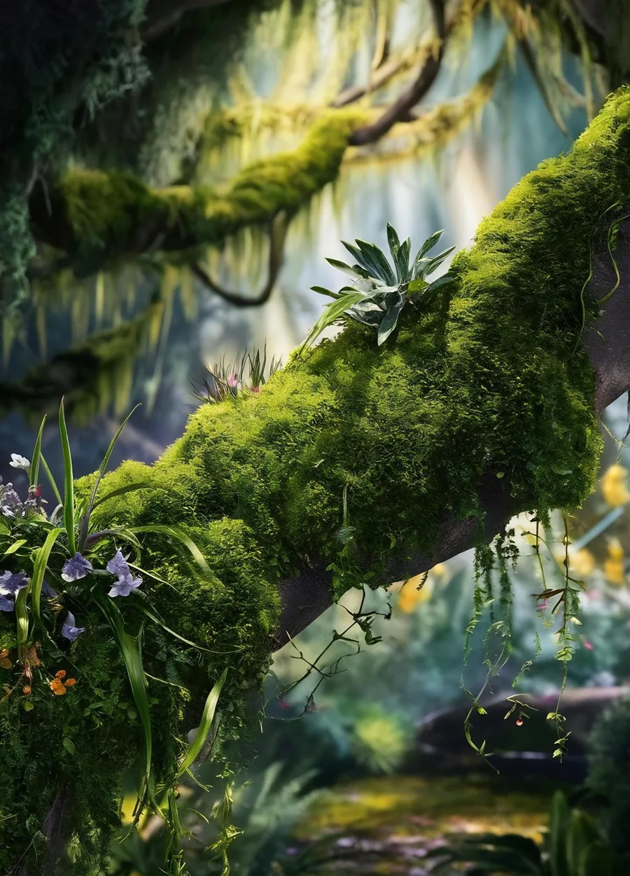 A moss-covered branch flowering in the forest