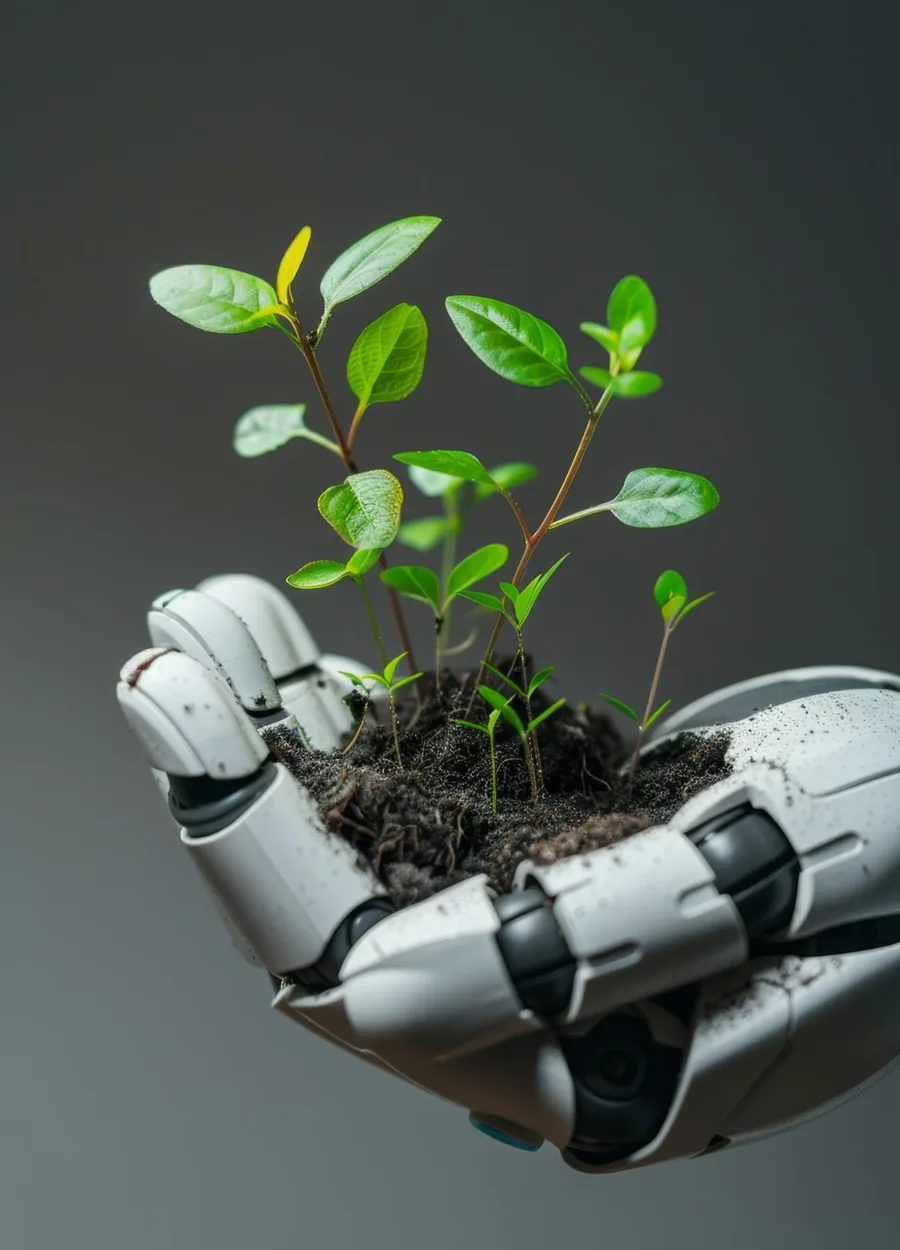 A robotic hand holding young seedlings