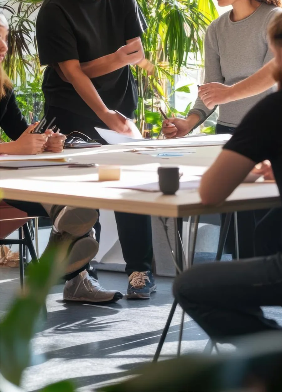The team working together around a table